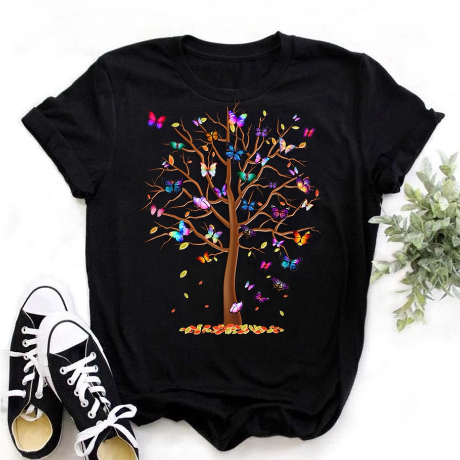 Camiseta con estampado de flores para mujer, camiseta negra para