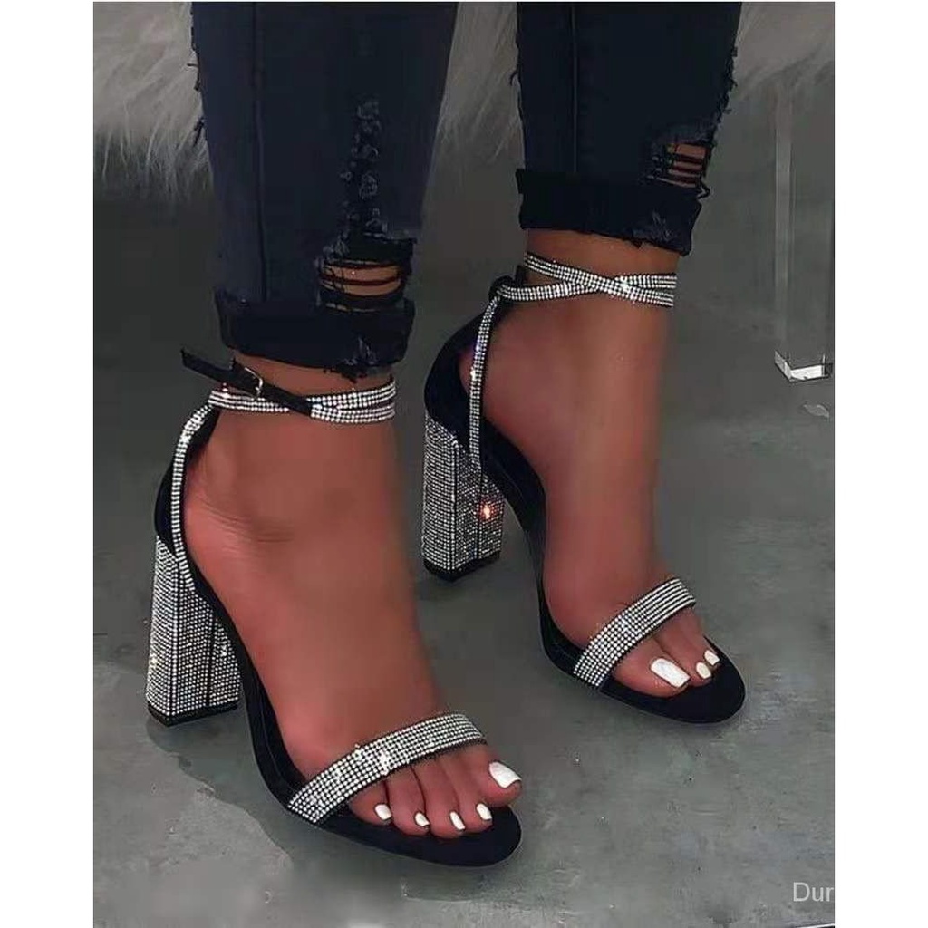 Sandalias de mujer de hebilla de de tobillo de tacón grueso de diamantes de imitación tacones altos de moda de gran tamaño | Shopee Colombia