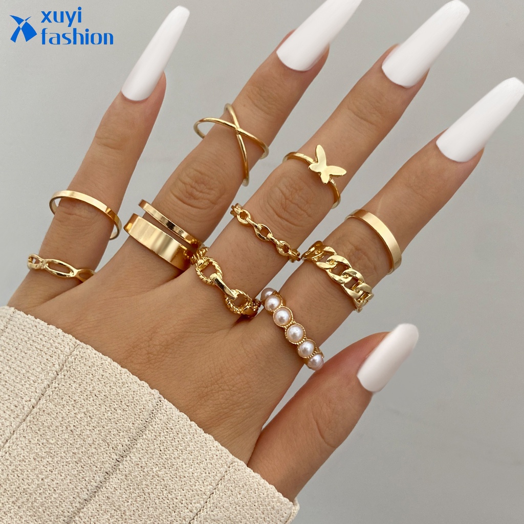 10pcs Set Anillo De Perlas Vintage Para Mujeres Anillos De Cruz De