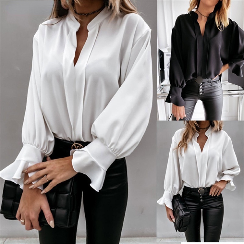 Moda V-Cuello Volantes Elegantes Camisas De Oficina Para Las Mujeres Más El  Tamaño Casual Blusas