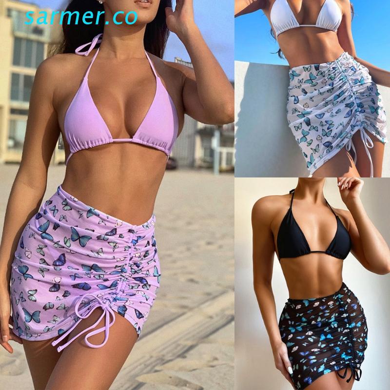 sar2 mujeres sexy bikini conjunto halter cadena triángulo traje de baño con impresión de mariposa malla cubrir falda traje de baño | Shopee Colombia