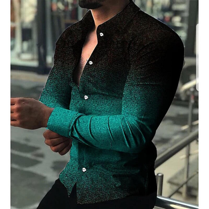 Moda De Lujo De Los Hombres Camisas De Un Solo Pecho Camisa Casual Negro Verde Gradiente Impresi n De Manga Larga Tops Ropa Para Hombre Hawaii