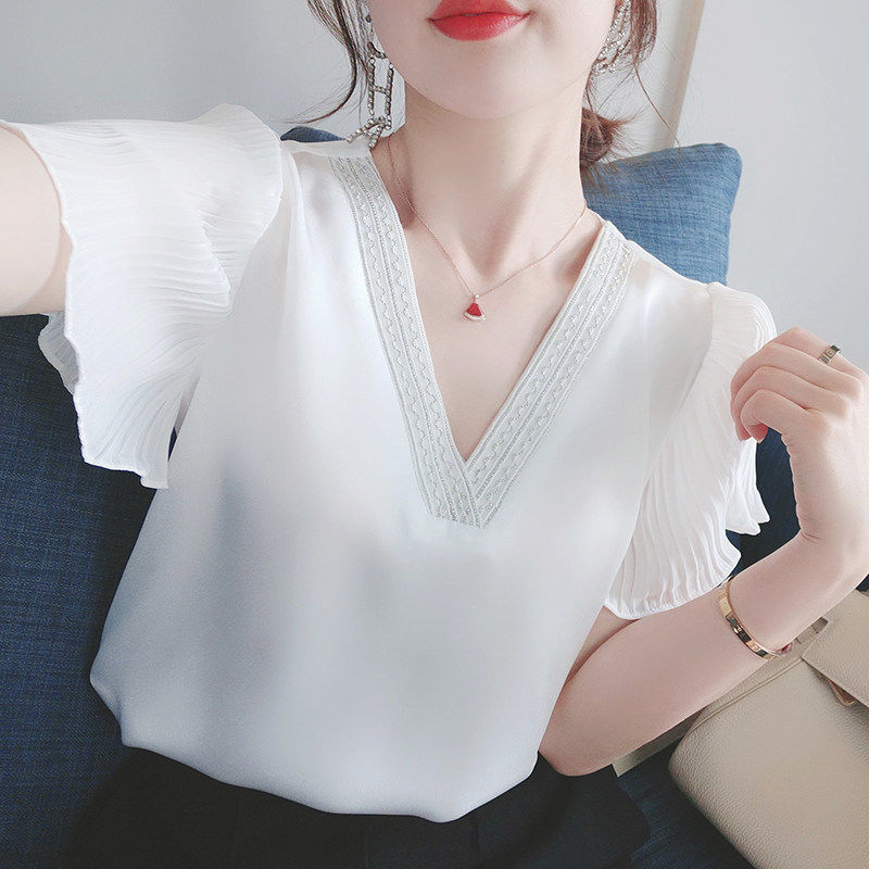 Blusa Femenina Versión Coreana V-eck Camisa De Gasa De Manga Corta Estilo  Occidental Costura De Encaje Tops