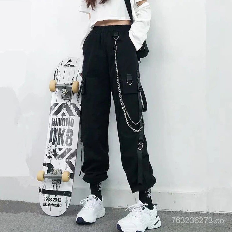 Las Mujeres Pantalones De Carga De Moda Punk Bolsillos Jogger Con