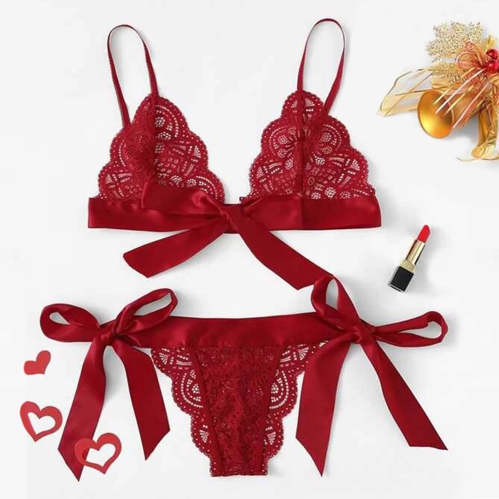 Babydoll Mujeres Lencería Encaje Sexy Festoneado Sujetador Lazo Braga  Conjunto Íntimos