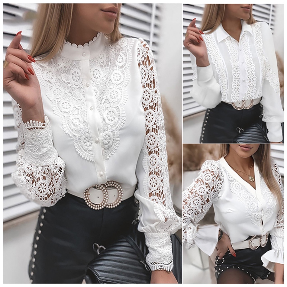 Blusa Blanca Mujer 2023 Moda Coreana Vintage Manga Larga Blusas Elegantes  Otoño Tops Casual Encaje Top