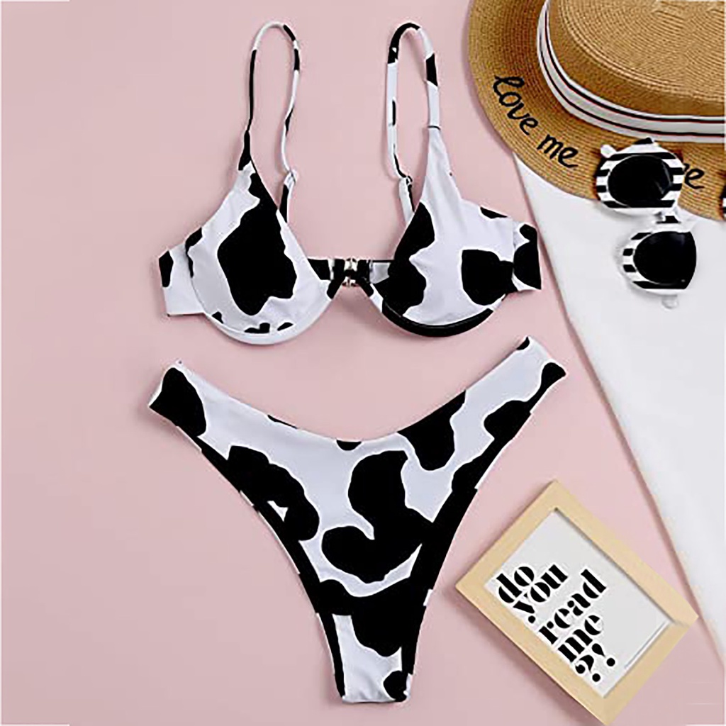 Mujer Mowomo Sexy Alto Pecho Contraste Vaca Impresión Tubo Top Split Bikini  Conjunto Traje De Baño | Shopee Colombia