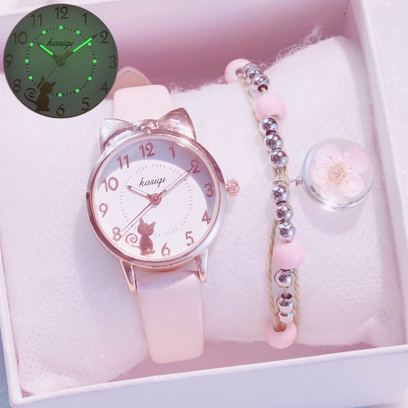 Reloj De Cuarzo Para Niña , Pulsera Para Niños Orejas De Gato , Cara ulzzang , Con Caja |