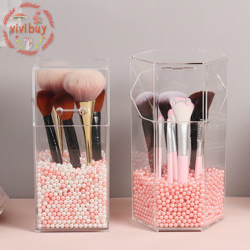 Soporte acrílico para brochas de maquillaje con tapa, organizador de  brochas de maquillaje cosmético transparente y caja de almacenamiento con