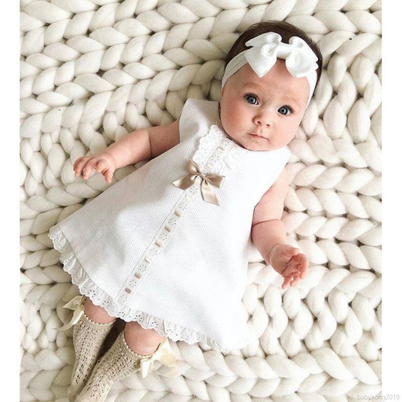 Kimi ๑ Bebé Niña Vestido De Encaje Blanco Puro Sin Mangas + Diadema 2Pcs  Conjuntos Dulce Color Sólido Dobladillo De La Princesa Vestidos De Bautismo  Para 0-24 Meses