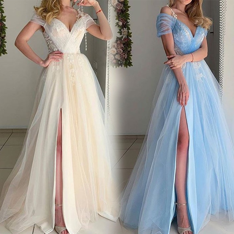 Vestido De Fiesta De Novia De Encaje De Tirantes Con Cuello En V Correas  Largo De Noche Vestidos Blancos