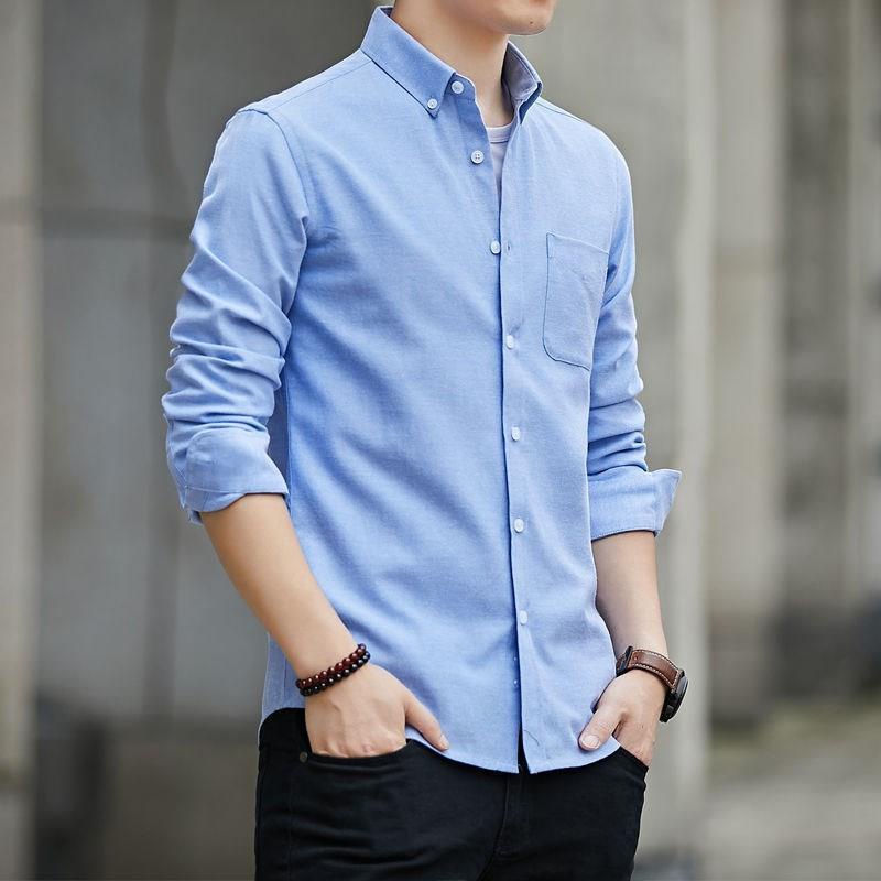 Nueva Camisa De Manga Larga Para Hombres Camisas Blancas Casuales Lisas  Sueltas Coreanas Baju Azul Kemeja