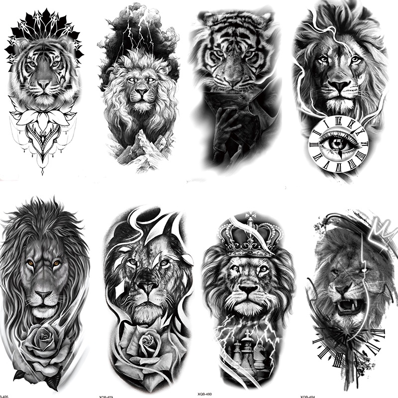 6 hojas de calcomanías de tatuaje temporal de rey león realista tribal para  hombres y niños, tinta negra fresca, dibujo de tigre tatuajes falsos