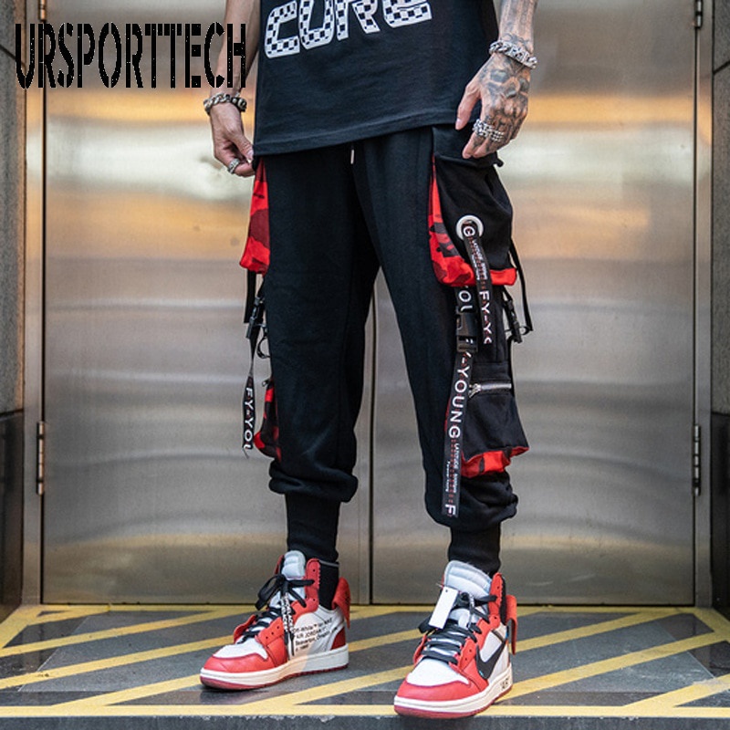 Hip Hop Joggers Hombres Letra Cintas Pantalones De Carga Bolsillos