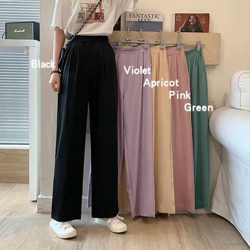 Caliente ancho de la pierna de las mujeres pantalones de cintura alta  Casual traje pantalones sueltos Casual verano recto liso 5 colores de moda  pantalones largos