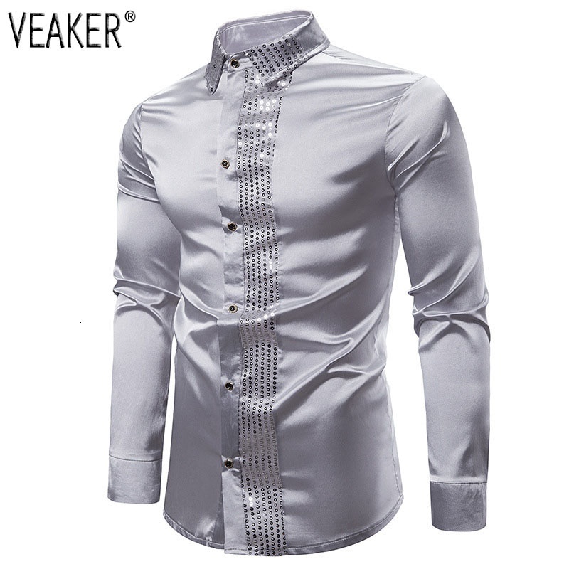 2021 Nuevos Hombres De Seda Satén Brillante Camisas Masculinas Slim Fit Manga Larga Lentejuelas Patchwork Fiesta Discoteca Boda | Shopee Colombia