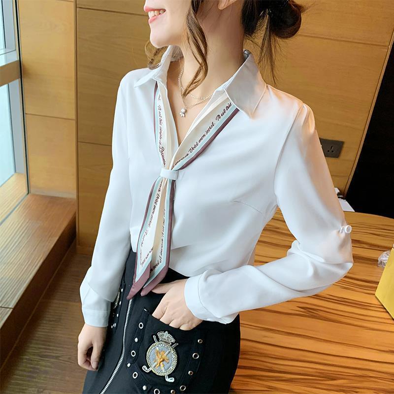 Camisa Blanca De Gasa Mujeres Primavera Otoño Versión Coreana Diseño Suelto  Nicho Luz Bufanda Madura Camisa De Manga Larga