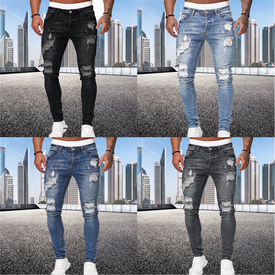 jeans Para Hombre Hip Hop Negro Azul Fresco Skinny Ripped Stretch