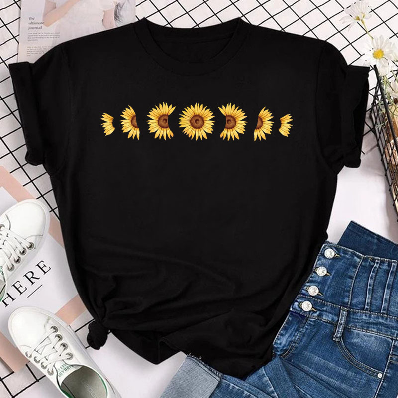 Camiseta de manga corta con estampado de girasoles para mujer, camiseta  casual y elegante básica para mujer