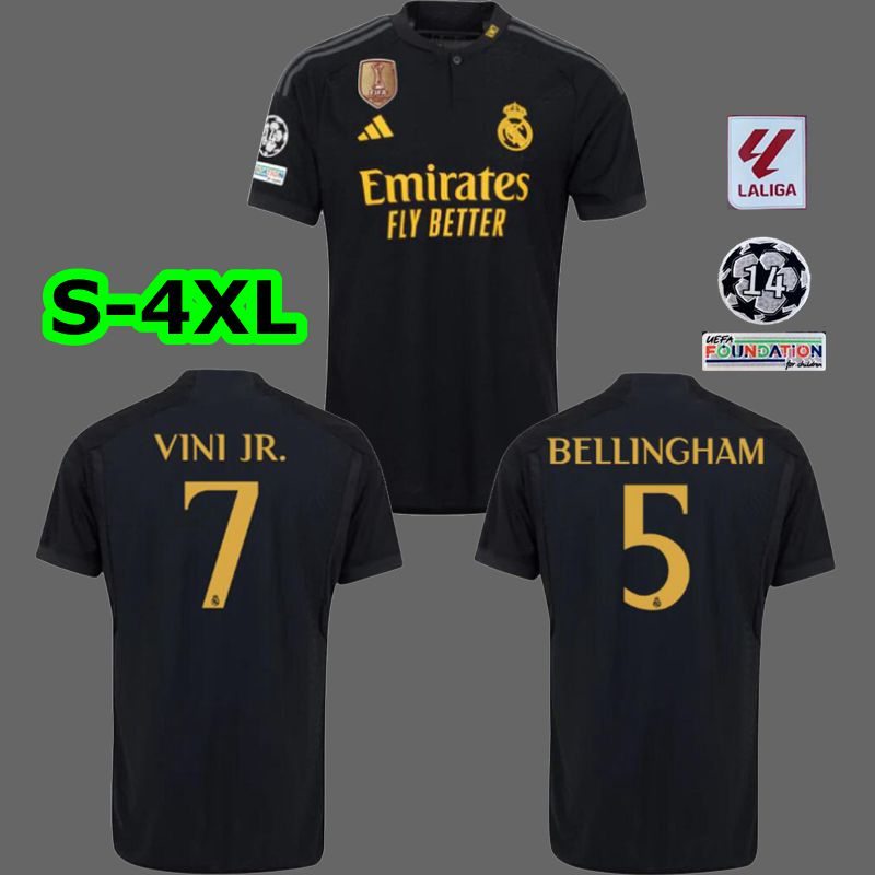 1 : 1 Tailandia Calidad 2023 2024 Real madrid Tercera Camiseta Negro  BELLINGHAM VINI JR . RODRYGO Personalización Personalizar Nombre Número  Camisetas De Fútbol