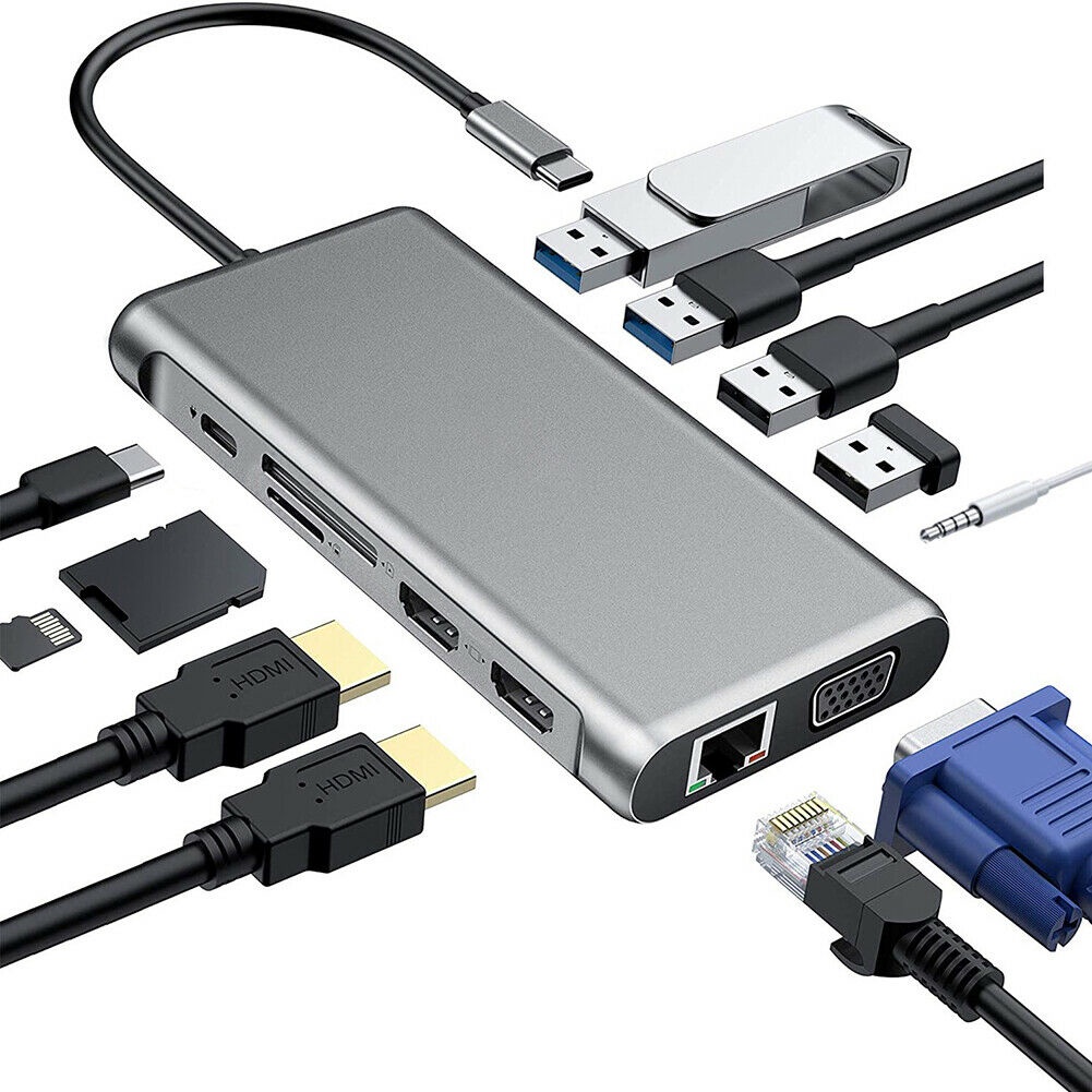 12 En 1 USB Tipo C Hub A 2 HDMI 4K VGA Adaptador RJ45 Lan Ethernet SD TF  PD-3.0 3.5mm Audio/Mic Para MacBook Pro OTG