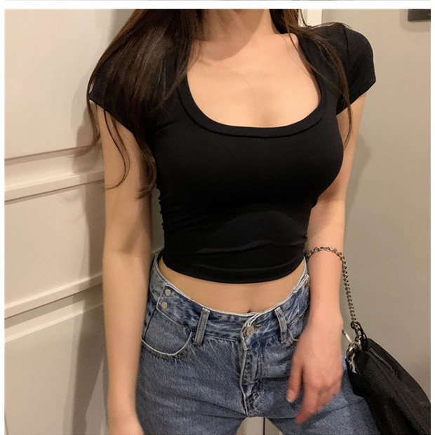 2022 Verano De Las Mujeres Camiseta crop top slim U-Cuello Corto sexy  Camisetas