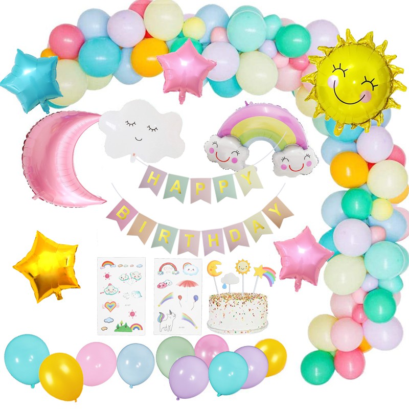 Conjunto de decoración de cumpleaños de arco iris. número uno. globos  transparentes pastel de primer cumpleaños para niña o niño.