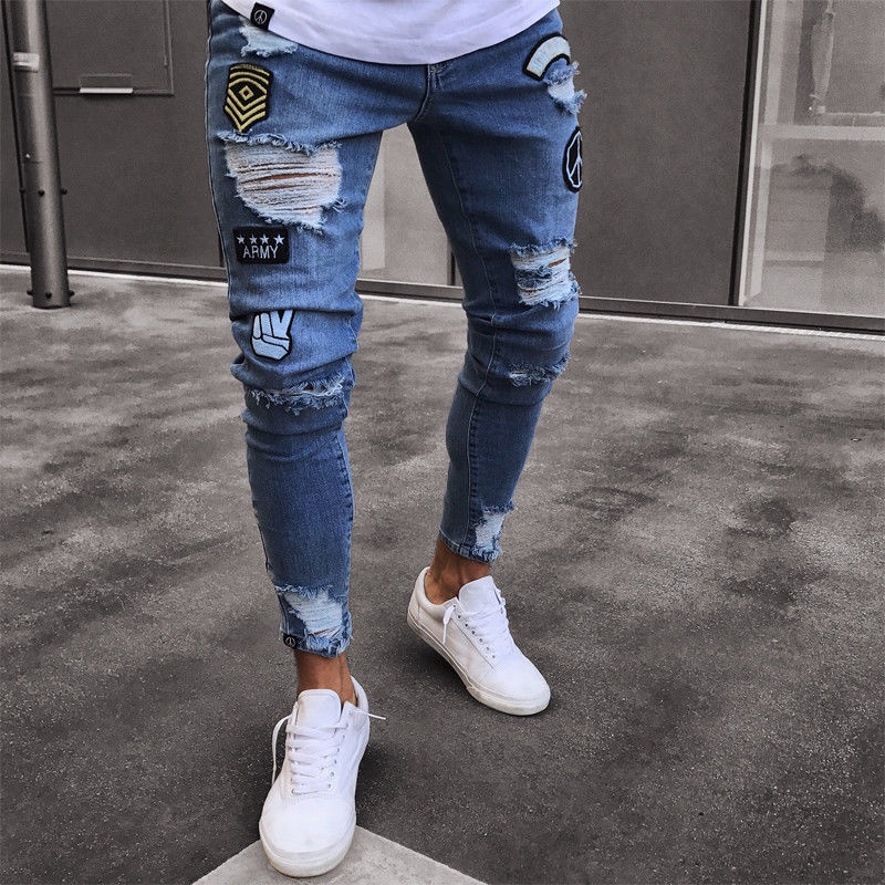 Pantalones Vaqueros Para Hombre Jeans Ajustados Elásticos Con Parches De  Hip-Hop