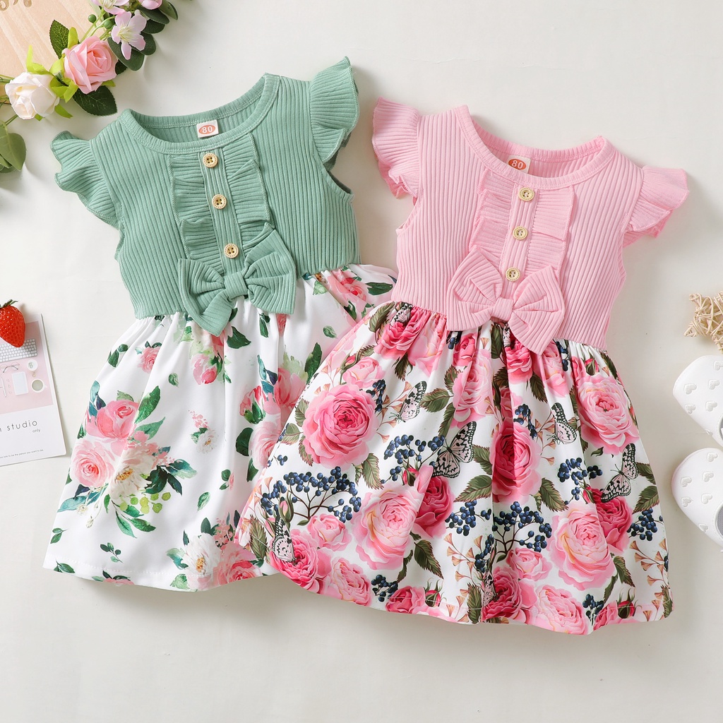 Conjunto de ropa infantil para bebé y niña, mangas con volantes, mameluco  acanalado, pantalones florales, ropa de bebé niña 0-24 (rosa, 0-3 meses)