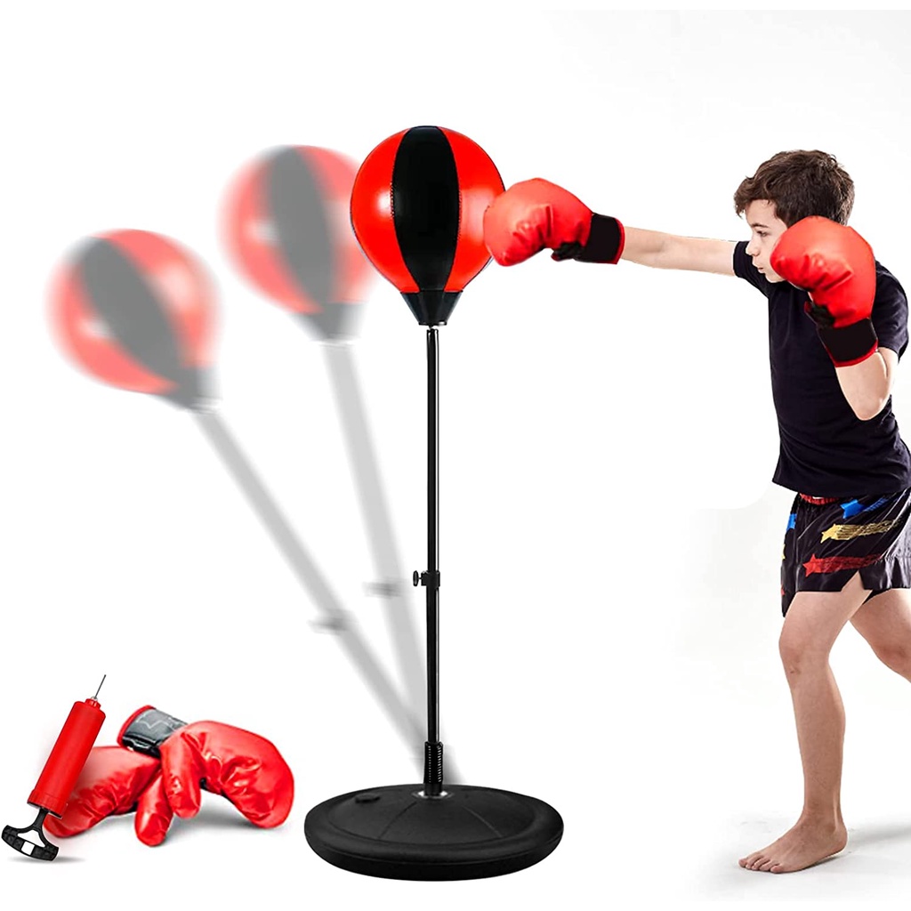 Juego de saco de boxeo para niños, incluye pelota de boxeo con soporte,  guantes de entrenamiento de boxeo, bomba de mano y soporte de altura