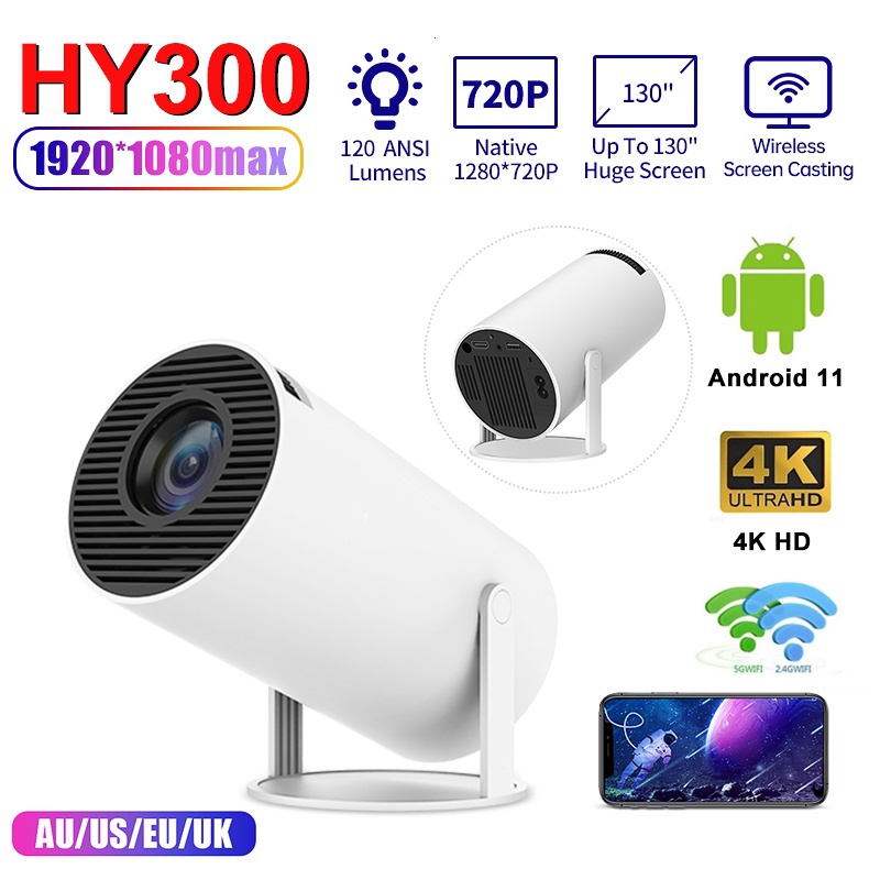 Proyector hy300 4K para cine en casa, miniproyector con Android 11, Wifi6  Dual, 200Ansi, Altavoz Bluetooth, 1280x720P, 1080P